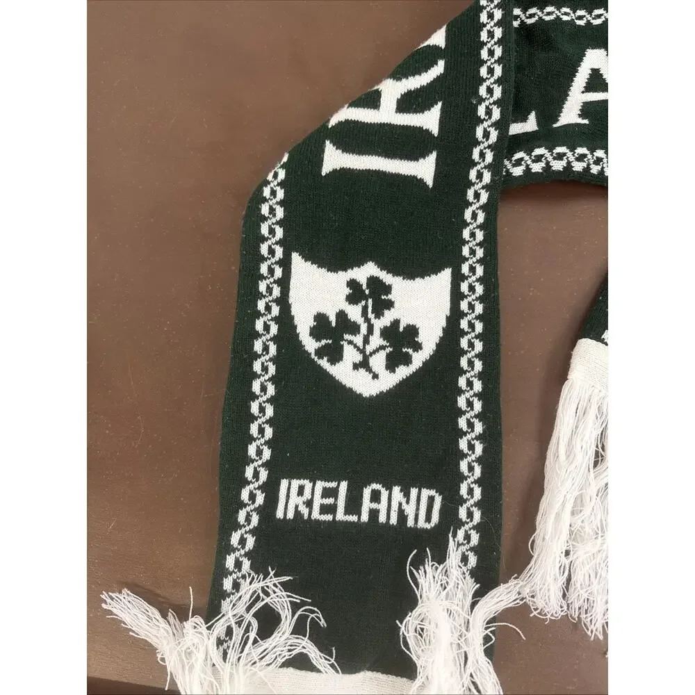Ireland Shamrock Celtic Knit Scarf Green White Heavy Winter Fringe Souvenir